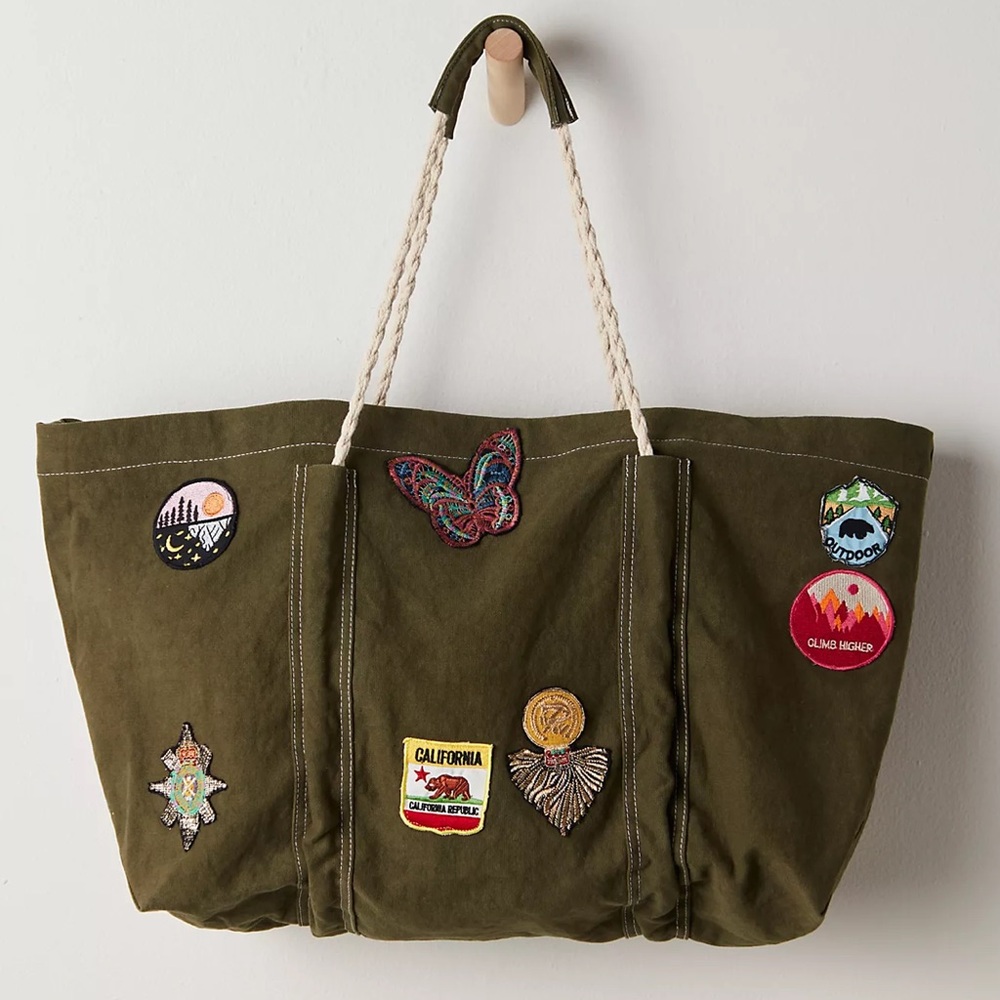 Free People Been There Badge Tote Bag in Olive Green | NWT